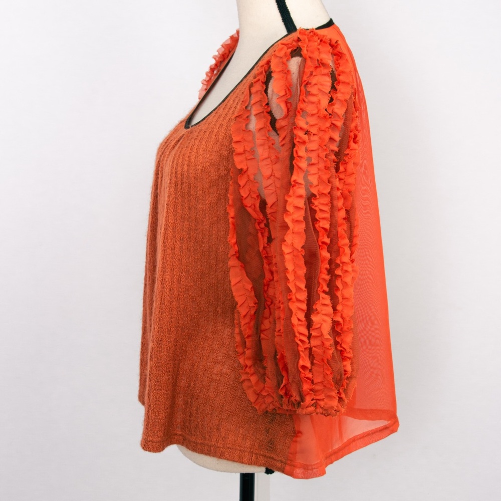 Boho sheer cutout balloon sleeve top 3/4 length sleeve rust orange Ryu S fall - Picture 3 of 10